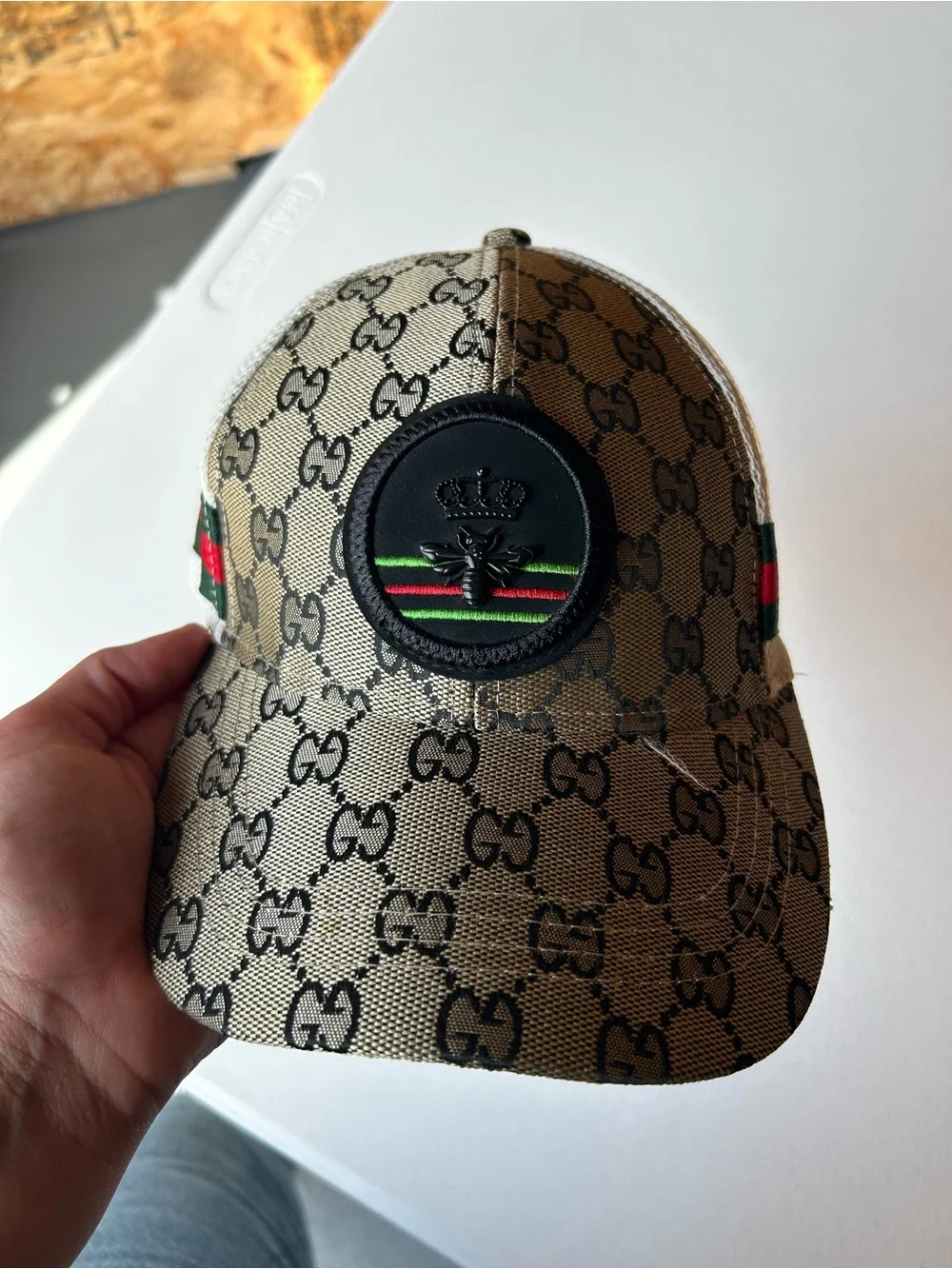 Canvas Baseball Cap with Black Bee Patch and Green-Red Stripe